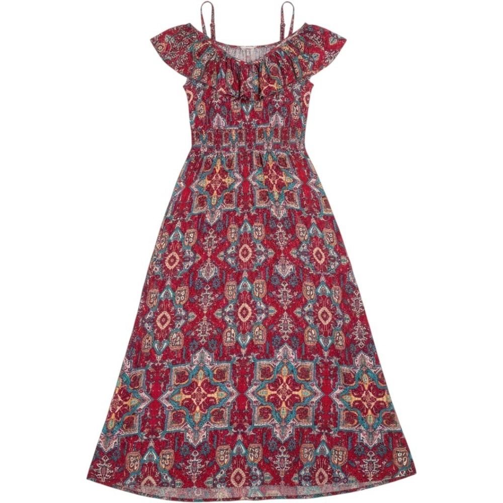 Torrid Floral Ruffle Hi-Low Maxi Jersey Dress Boho Geometric Paisley Red Sz 2 2X